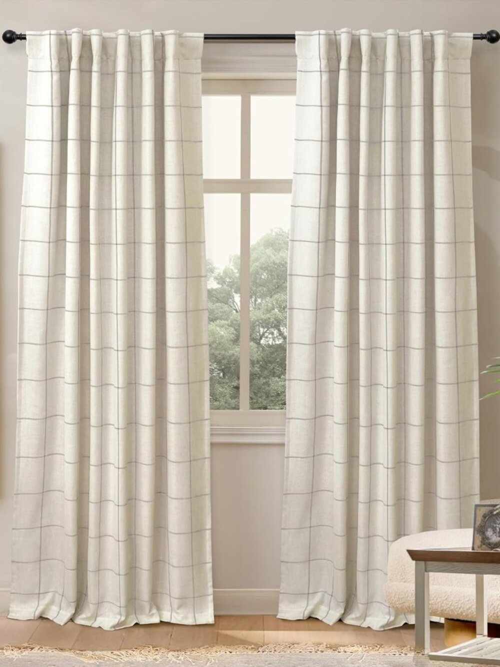 100% Blackout Plaid Linen Curtains 84 Inches Long 2 Panels Taupe